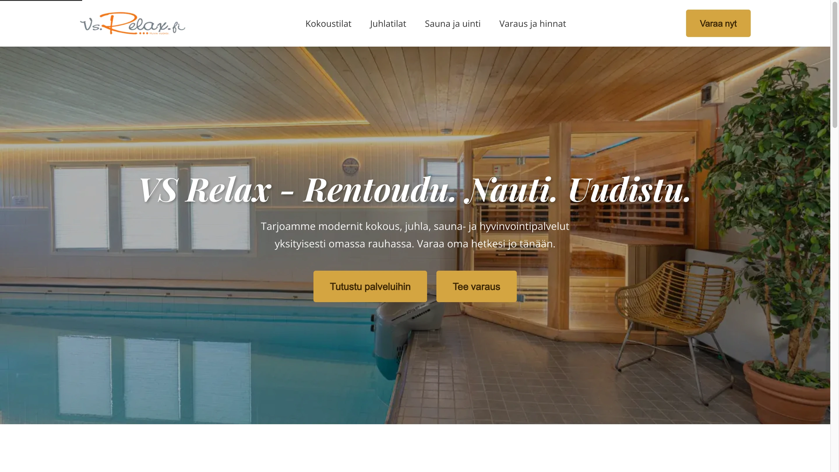 The opening view of the current VS Relax homepage, featuring its pool and sauna facilities